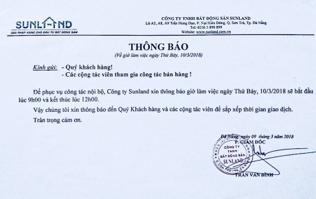 SUNLAND THÔNG BÁO: THAY ĐỔI GIỜ LÀM VIỆC NGÀY THỨ 7, NGÀY 10/03/2018.