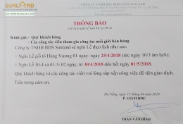 SUNLAND THÔNG BÁO LỊCH NGHỈ LỄ: “GIỖ TỔ HÙNG VƯƠNG” VÀ “30/4 -01/05”. 