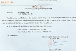 Thông báo tạm dừng hoạt động văn phòng Sunland