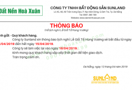 Công ty TNHH Bất Động Sản Sunland thông báo về việc nghỉ Lễ Giỗ Tổ Hùng Vương.