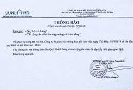 SUNLAND THÔNG BÁO: THAY ĐỔI GIỜ LÀM VIỆC NGÀY THỨ 7, NGÀY 10/03/2018.